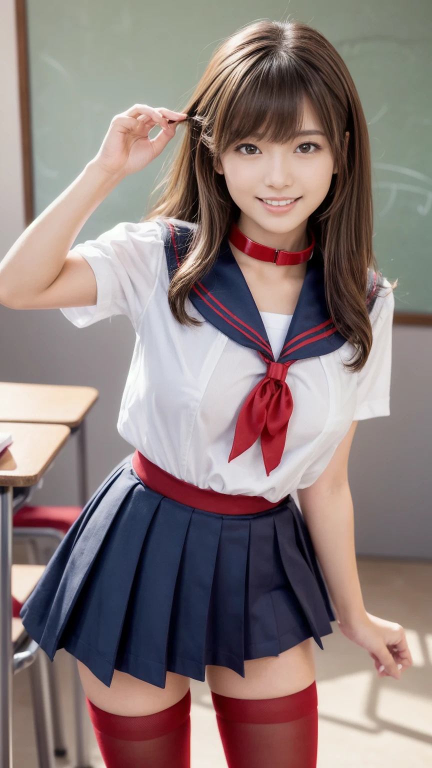 girl standing in school classroom,sailor school uniform with red bow tie,18-year-old,bangs,a little smiles,thighs,knees,short cut hair,low ponytail,from below
