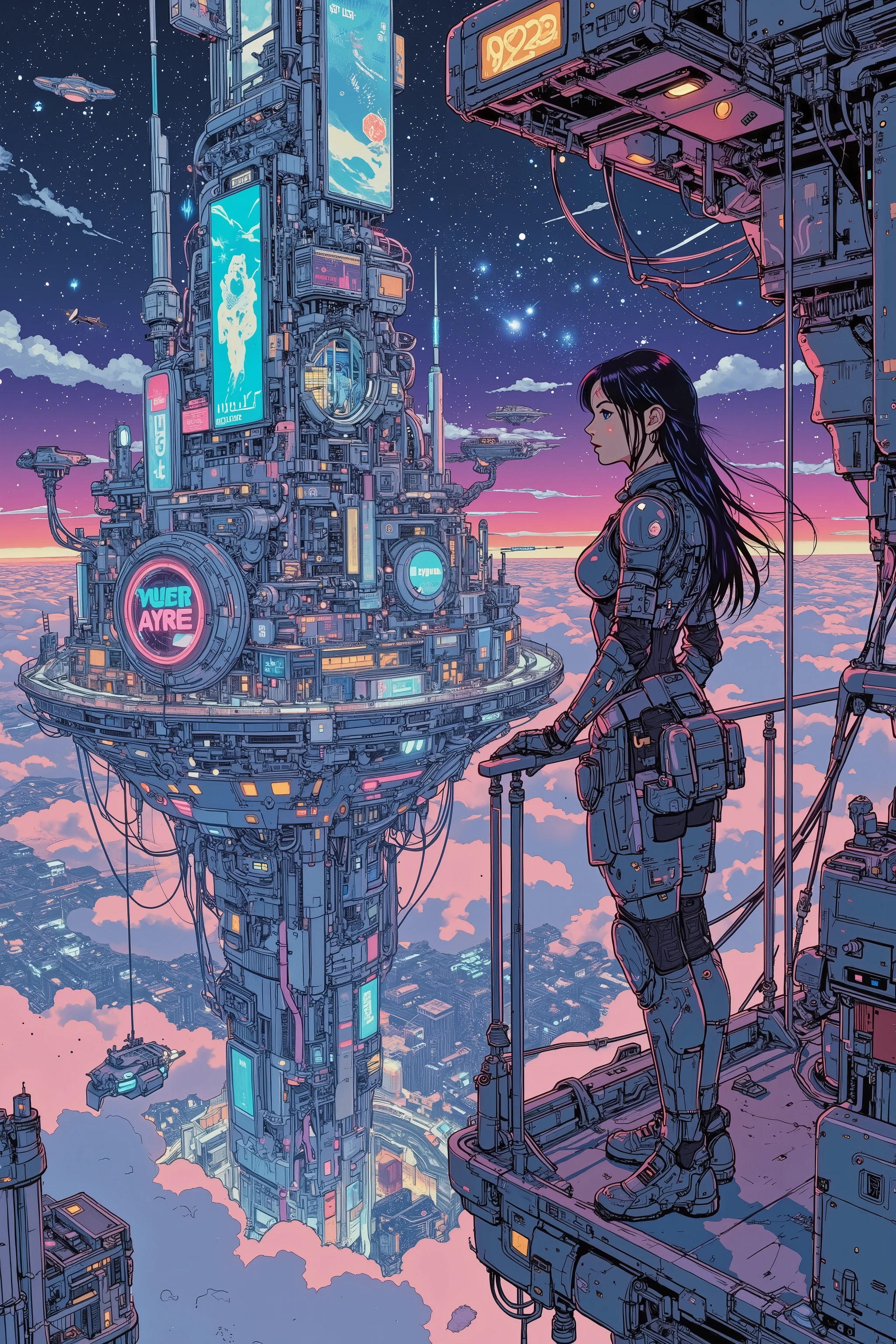 A high-resolution digital painting of a stunning female soldier standing at the edge of a sleek, high-tech balcony, gazing at a vast futuristic floating megalopolis. She wears a form-fitting, advanced combat suit adorned with glowing circuitry and reinforced plating, blending elegance with cutting-edge technology. Her long hair flows gently in the artificial wind, and her sharp, determined eyes reflect both strength and curiosity as she observes the luminous cityscape before her.
The floating megalopolis is a marvel of futuristic architecture, with towering skyscrapers suspended in midair, interconnected by glowing bridges and hovering vehicles zipping between structures. The city pulses with vibrant neon lights, holographic billboards, and cascading energy fields, creating a cyberpunk-inspired yet utopian atmosphere.
The sky above is a deep, starry expanse, punctuated by orbiting satellites and distant celestial bodies, while below, a sprawling network of lower districts disappears into a sea of clouds. The composition is cinematic, with intricate details, dramatic lighting, and a rich sci-fi color palette of electric blues, purples, and neon pinks, evoking a sense of wonder, progress, and mystery.