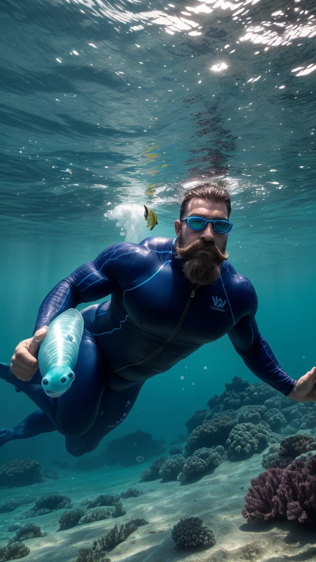 Mermaid man, White, black hair and beard, slim with regulated muscles, floating in the middle of a giant fish tank surrounded by vibrantly colored sea plants