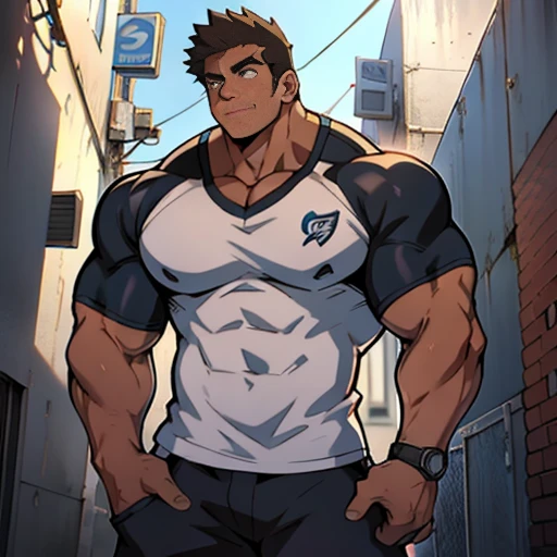 ((Anime style art)), Extremely muscular masculine character, bodybuilder body, wearing a sleeveless V-neck shirt, hands raised at neck level, The character is leaning against a wall. Pockets, Futuristic cityscape, Busy route, Buildings, person
AS & Vehicles. Main character from the anime, Nice image, Hard drive, 4k, Main character leaning against a wall with his hands at face level.