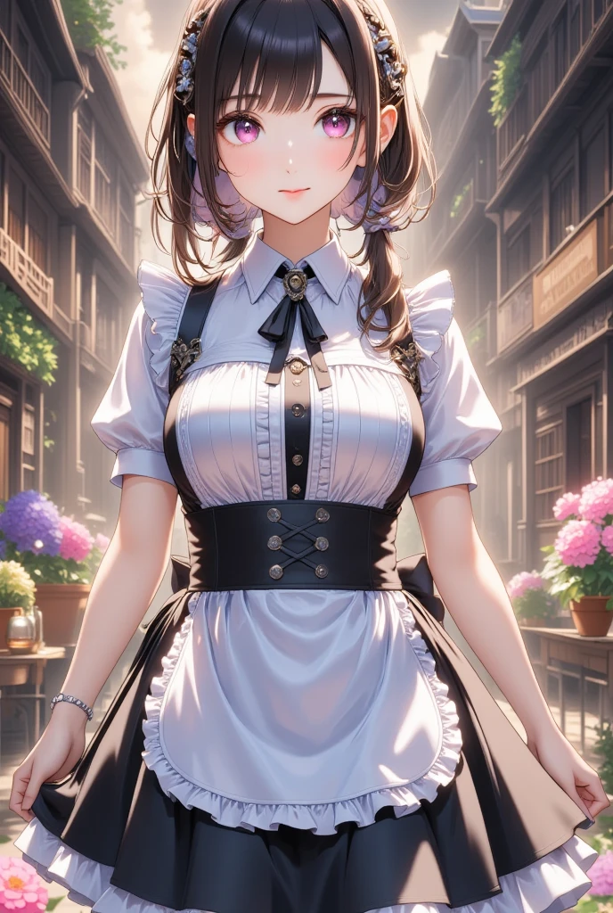 (masterpiece:1.2, highest quality), (realistic, photorealistic:1.4), beautiful illustrations, (natural side lighting, movie lighting),
looking at the viewer, Upper body, (Front view), 1 girl, perfect face, Cute symmetrical face, shiny skin, , long eyelashes, (Extremely large breasts), (wide hips),short cut hair,
beautiful hair, beautiful face, fine and beautiful eyes, beautiful body, beautiful breasts, beautiful thighs, beautiful feet, beautiful fingers,
(beautiful scenery),(cute smile:1.3, upper grade), 24-year-old,pale skin,Bokeh, textile shading, thin outline), Beautuful Matured woman preparing tea-party in the garden, (tea set, tea pot, tea cups, some cakes on dish), Gothic table, wearing traditional dark-brown maid uniform, maid costume:1.2, long flare skirts, apron, Tall and long legs, long white hair, wearing rimless grasses, (milf:1.5), (narrow waist), (long white hair, hair over one eye, updo, side lock, asymmetric hair, wavy hair), (bright pupils, detailed eyes, high detailed face, Perfect face shape, eye rush), (seductitve smiling, half-closing eyes), (looking at viewers:1.3), (dynamic angle, tighs focus, from side below:1.2), ((correct anatomy:1.5, correct hands)), (ideal ratio of body proportions), outdoor, glass garden,
