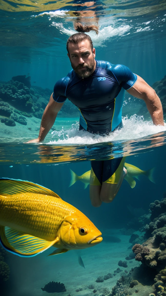 A fit handsome naked and muscular man, with short blonde hair, a diver with knife strapped to his thigh, swimming in a vibrant underwater setting, full body image, seen from below