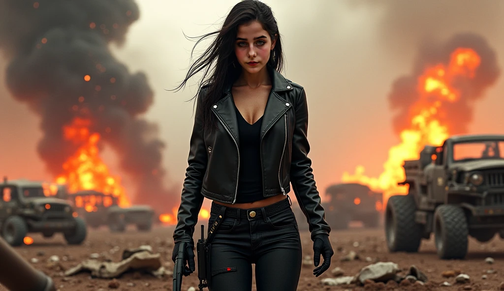 Beautiful woman, medium dark long hair, big chest. black sunglasses, black clothes, rivets, bikini, just one person, walking, in the ruins