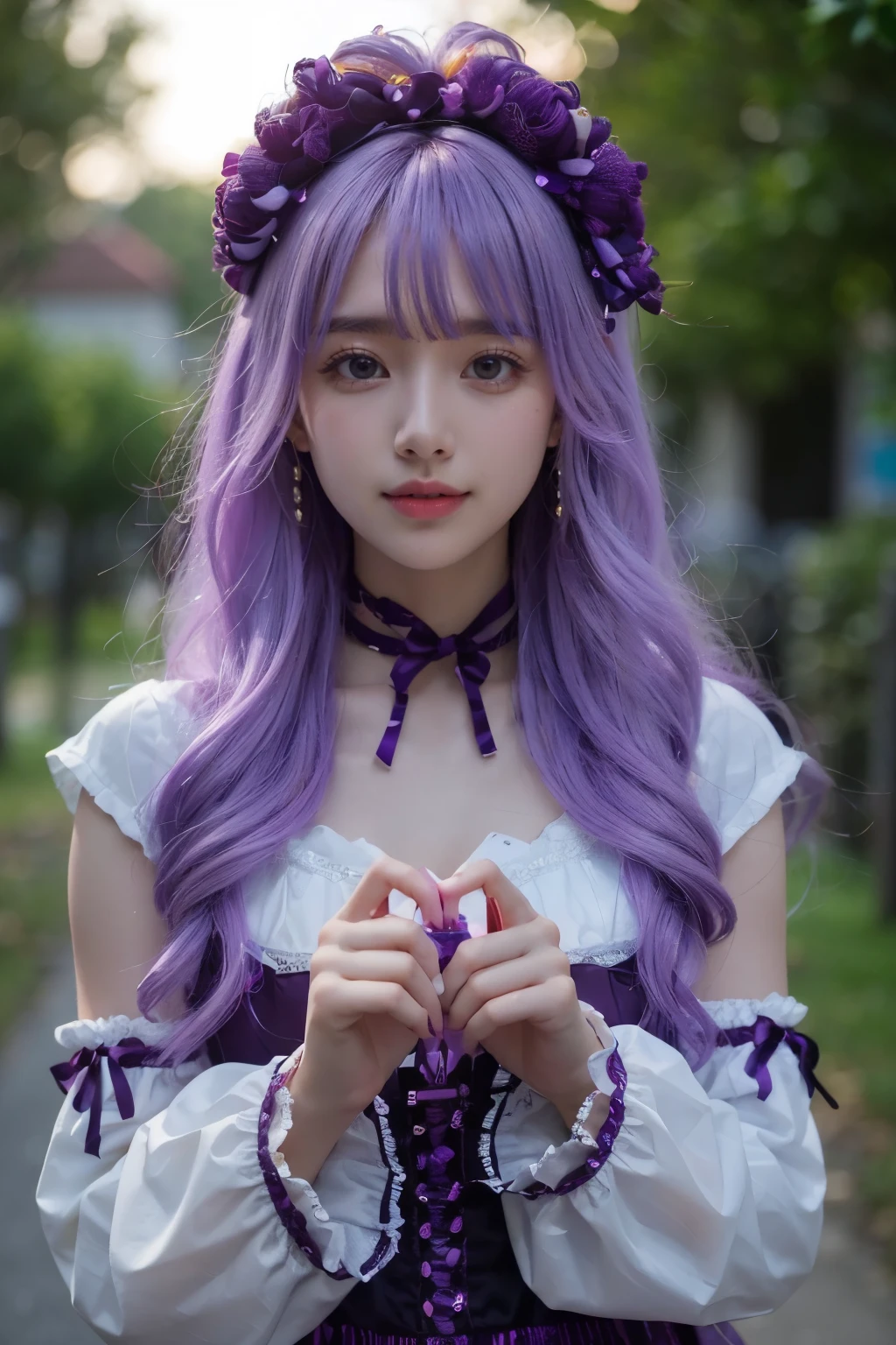 (cute smiles )clear coat.dq pom ,purple hair, earrings.、 Made of high quality straw , bungs , Little head on the street :1.3 Ultra Realistic :1.2 , masterpiece, Made of high quality straw , More details, has realistic lighting .A Broader Perspective . fantasy . outdoor