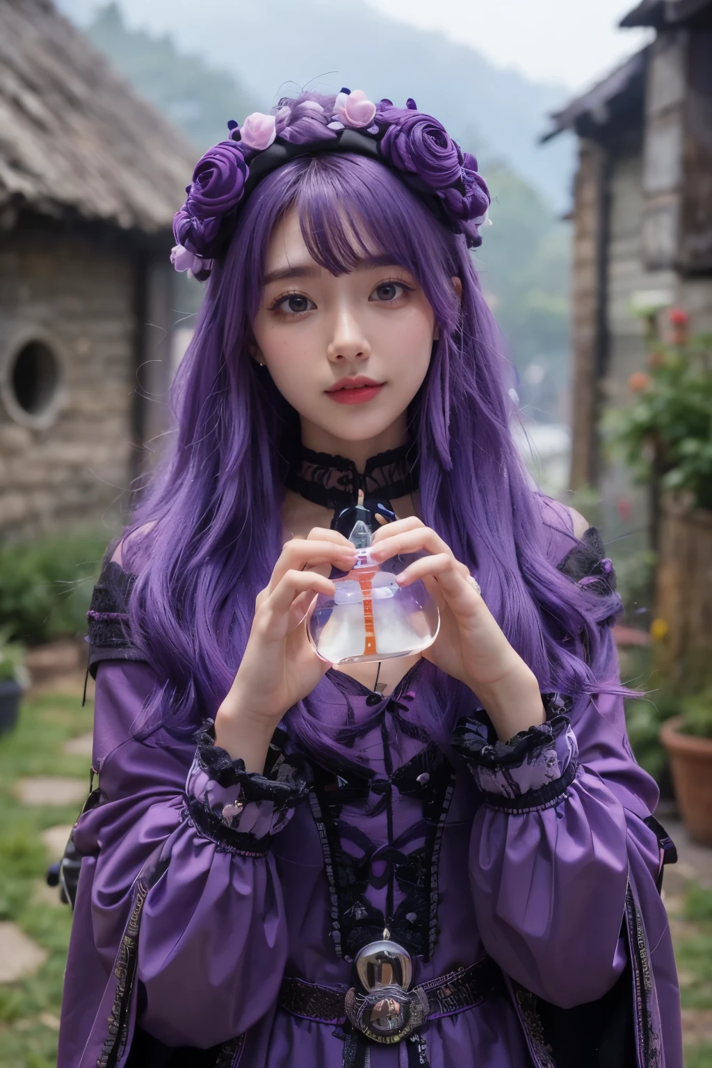 (cute smiles )clear coat.dq pom ,purple hair, earrings.、 Made of high quality straw , bungs , Little head on the street :1.3 Ultra Realistic :1.2 , masterpiece, Made of high quality straw , More details, has realistic lighting .A Broader Perspective . fantasy . outdoor