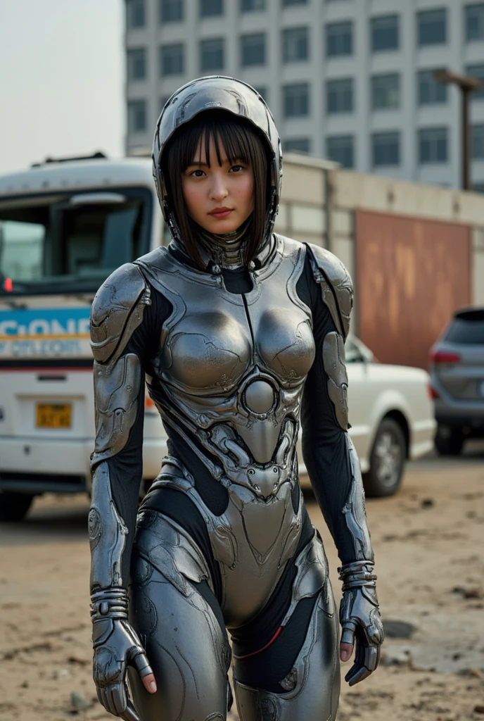 RAW photograph, portrait quality, Russian girl 18 years old , purple short Hair, dusty face, Clad in the shiny transparent medieval armor, Against the backdrop of a desolate post-apocalypse, futuristic laser rifle in hand, staff, wind blown hair, Destroyed buildings, Carcasses of burnt vehicles, Oppressive atmosphere, Dark skies, photo realism, sharp-focus, fallout, science fiction, cinematic scene, naked breasts