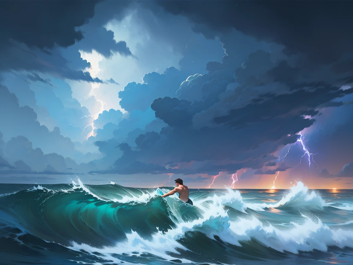 Poseidon wore tight shorts，He has a short beard and short black hair。He has the ability to move hydraulically，Demonstrated ability to manipulate water in flight form，Huge waves and splashes are generated。He represents the Greek god of water，Short hair standing on the water，A half body，Strong，Lightning Thunder，Dark clouds，fantasy，lamplight，realisticlying， The is very detailed， 复杂， high detal，Extremely detailed CG unit 8k wallpaper， award winning photography