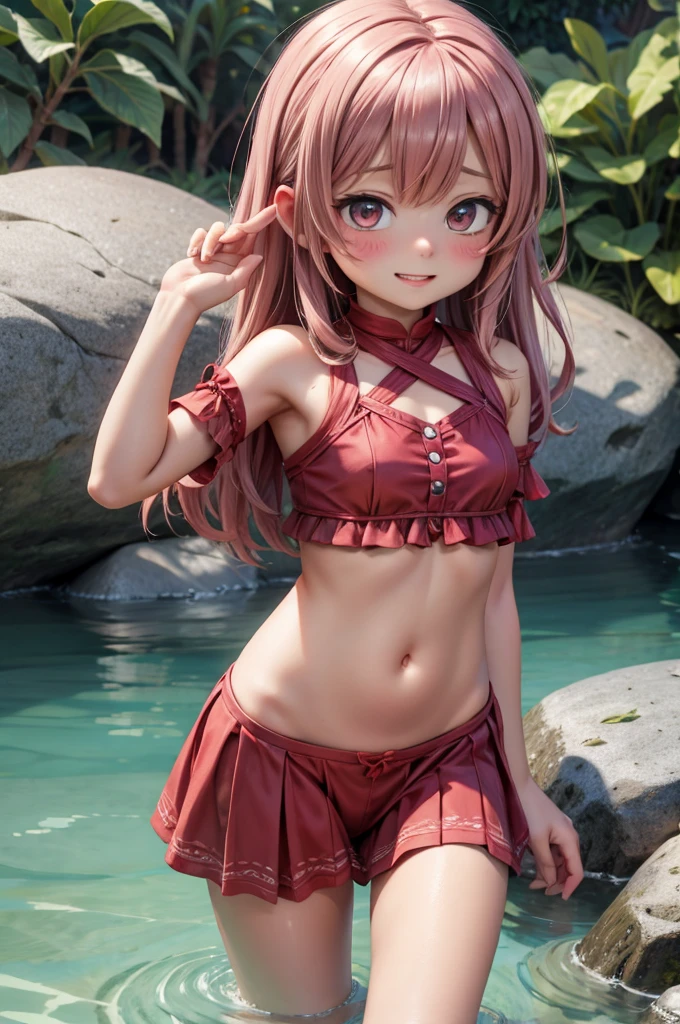 (masterpiece:1.2, highest quality, 8K, advanced details), (realistic, photorealistic:1.4), beautiful illustrations,
looking at the viewer, whole body, Front view:0.6,
1 female, 23 years old, Japanese, ((Brown hair medium hair:1.5, Do not show ears:1.8)), blown hair, bangs, hair between eyes, ((height: 172cm, D cup breasts:1.3,Moderate abs, big ass))
beautiful hair, beautiful face, beautiful and detailed eyes, (red eyes:1.3, Cats eye:1.6), beautiful clavicle, beautiful body, beautiful breasts, beautiful thighs, beautiful feet, beautiful fingers, perfect anatomy:1.3, perfect anatomy
(beach)
((Colorful and cute bikini:1.5, choker:1.6))
((Grasp the hem of the skirt with your right hand, Put your left hand on your chest, stand with legs apart:1.3)),
(Look at the viewer while blushing:1.3)