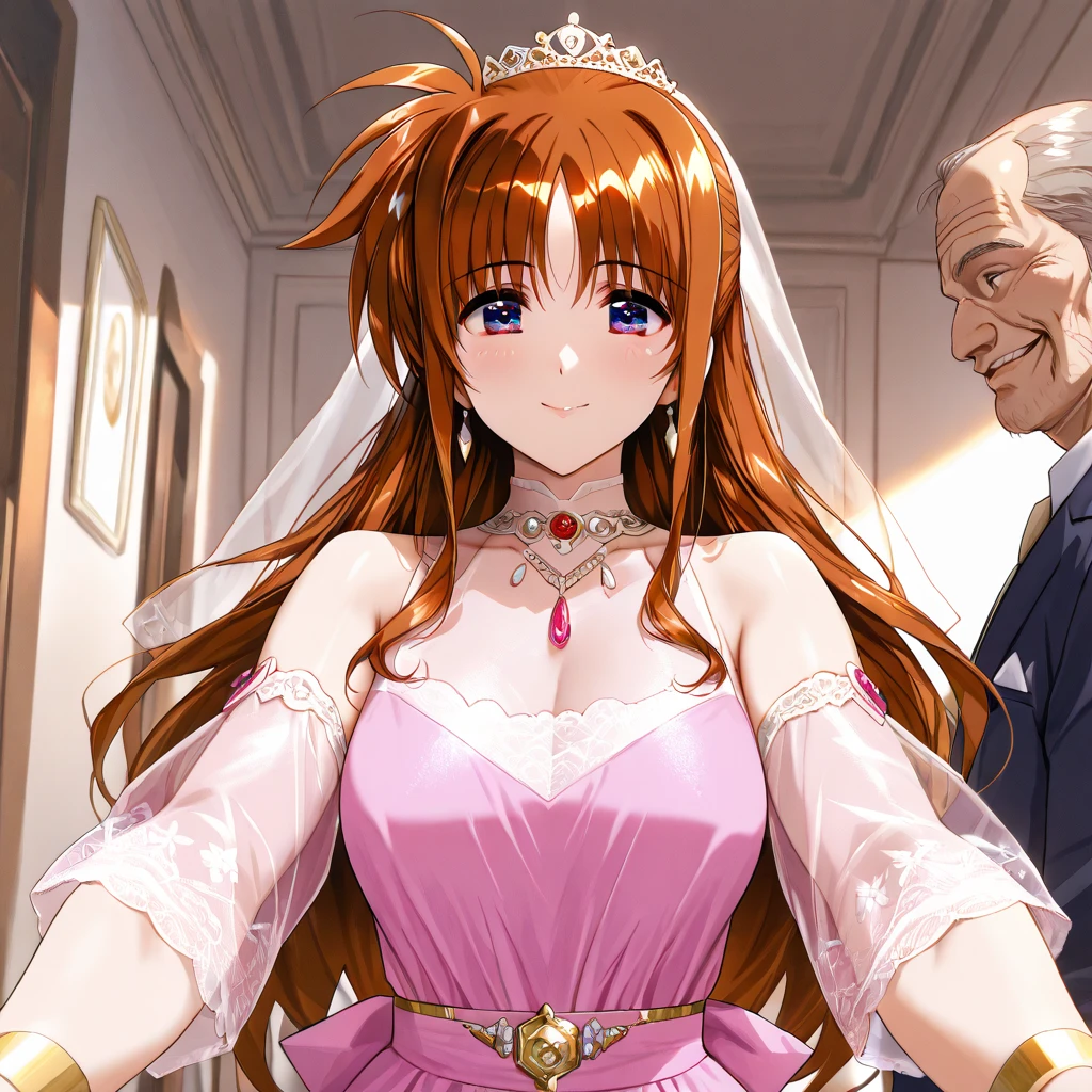 ((Highest quality)), ((masterpiece)), (detailed), （Perfect Face）、The woman is Maya Cordelia, the Demon King's bride, with orange, semi-long hair. She is adorned in a luxurious black mermaid-line wedding dress with lavish gold embroidery and edging, along with a black wedding veil and extravagant accessories.、The woman is getting married to the evil demon king's man.