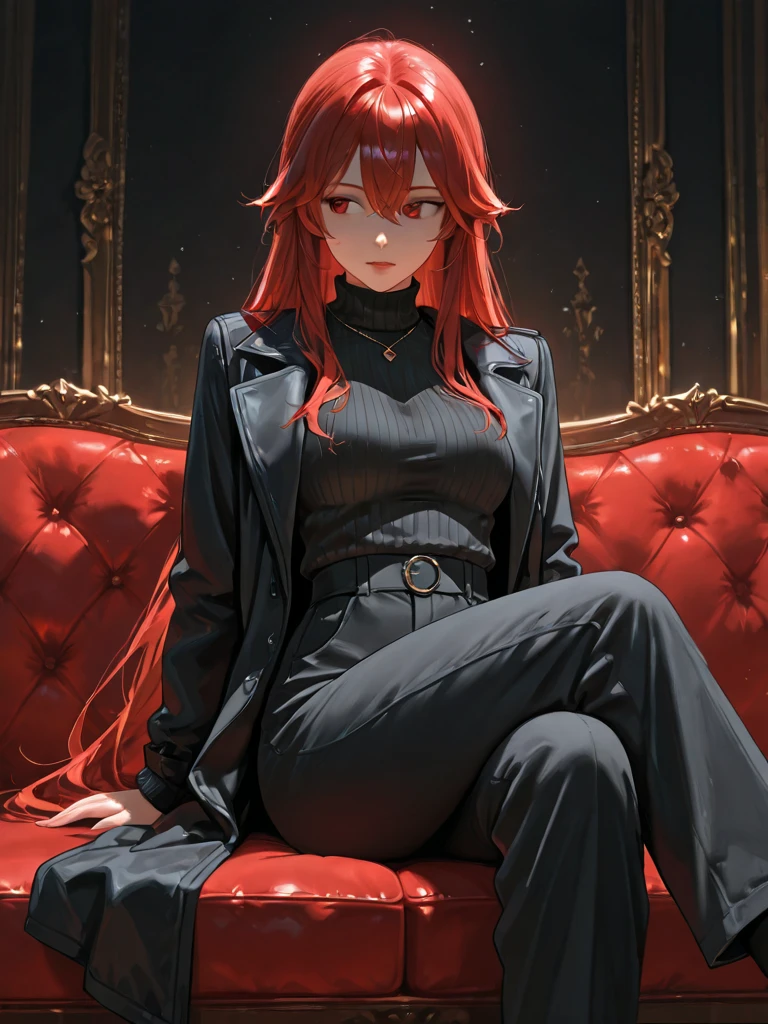 masterpiece, (photorealistic:1.4), best quality, beautiful lighting,KPop idol,adult,white blouse,black tie,black skirt,black pantyhose,black jacket
(ulzzang-6500:0.5), makima \(chainsaw man\), (red hair)+(long braided hair)+(bangs), yellow eyes, golden eyes, ((ringed eyes)),large breast, detailed face,smile,
RAW photo, 8k uhd, film grain,blurry background,, sitting, (crossed legs:1.2),throne chair,(dark background, chains:1.3),