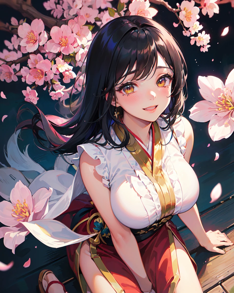 A majestic and elegant panorama of Mt. Fuji.、Sakuhime Konohana smiles kindly、(The princess's breasts are huge:1.5)、Hair that flutters in the wind、The best illustrations、
