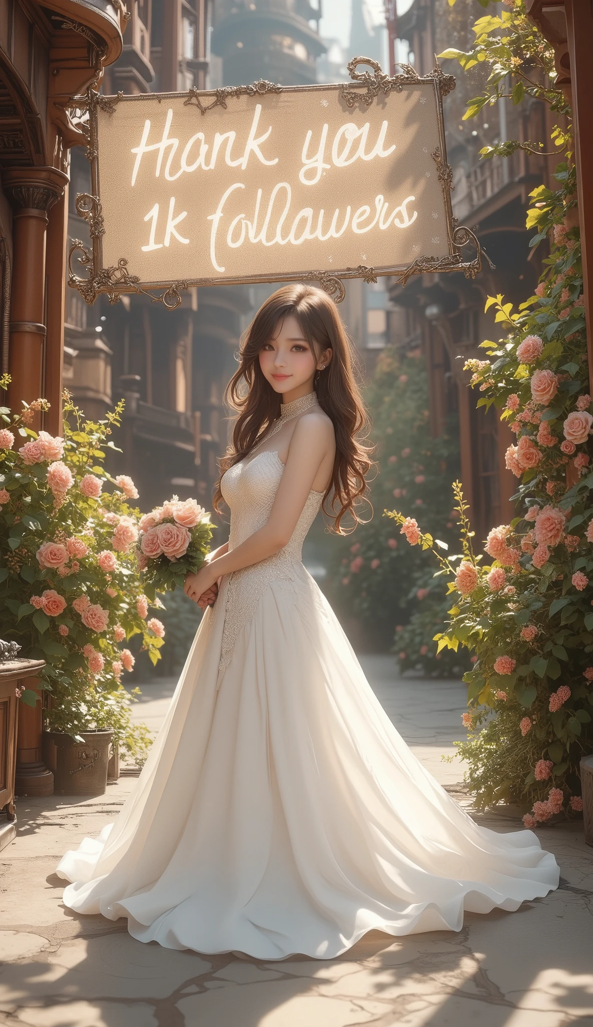 Top Quality, Super quality, 16k, incredibly absurd, very detailed, 2.5D, delicate and dynamic, Kiri Reina female, seductive smile, pure white wedding dress, amazing style, bouquet, Steampunk, dieselpunk , clock punk , Cyberpunk, Glitter effect,(hanging banner which says "Thank you 1K followers":2.0),