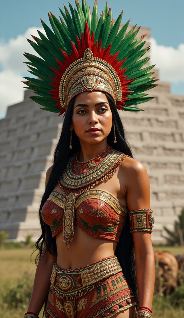 You are an expert on Aztec goddesses and their clothing. You are asked to generate an image to use as inspiration to make an Aztec goddess costume..