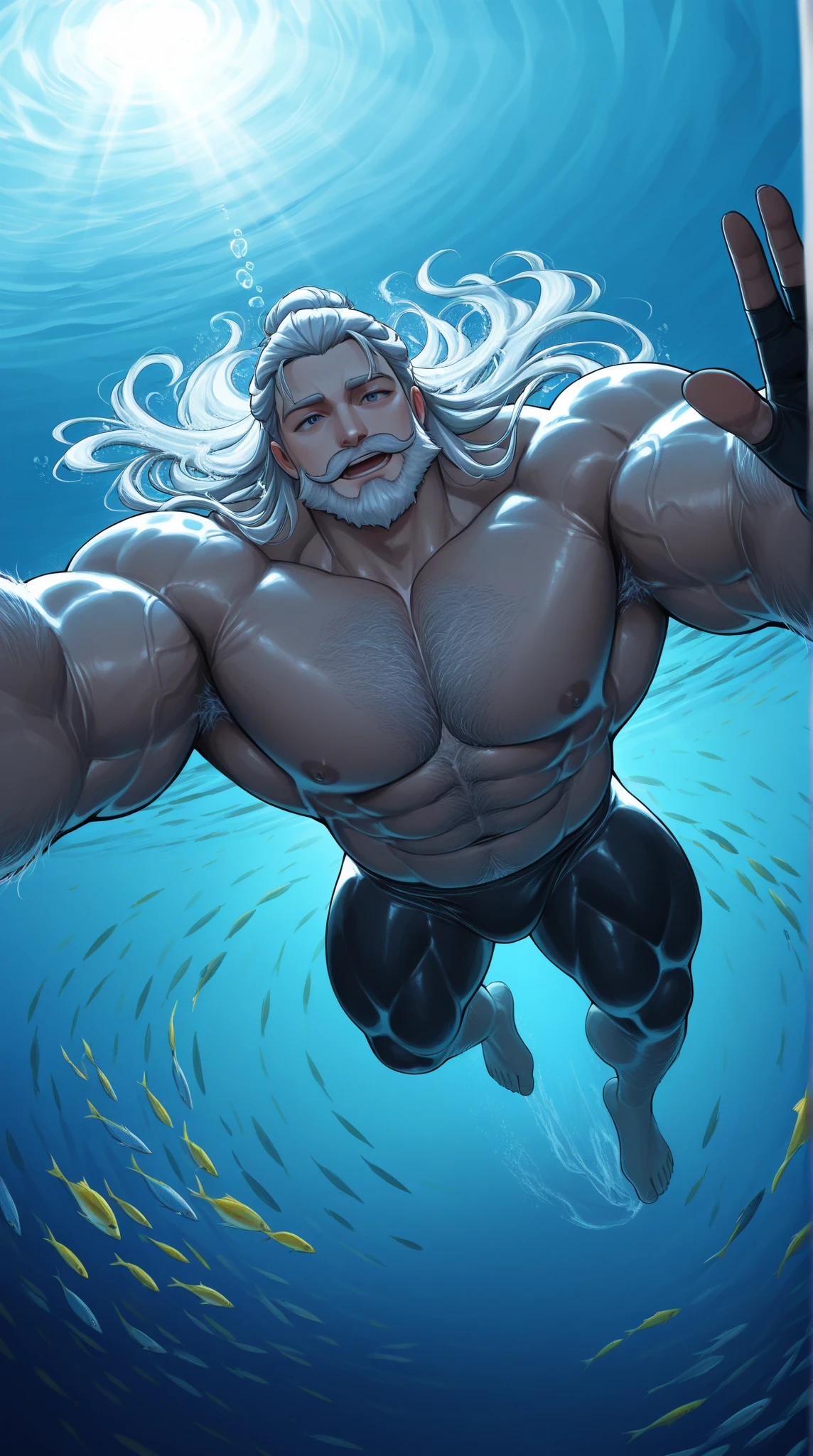 A burly older man, muscular, huge pecs