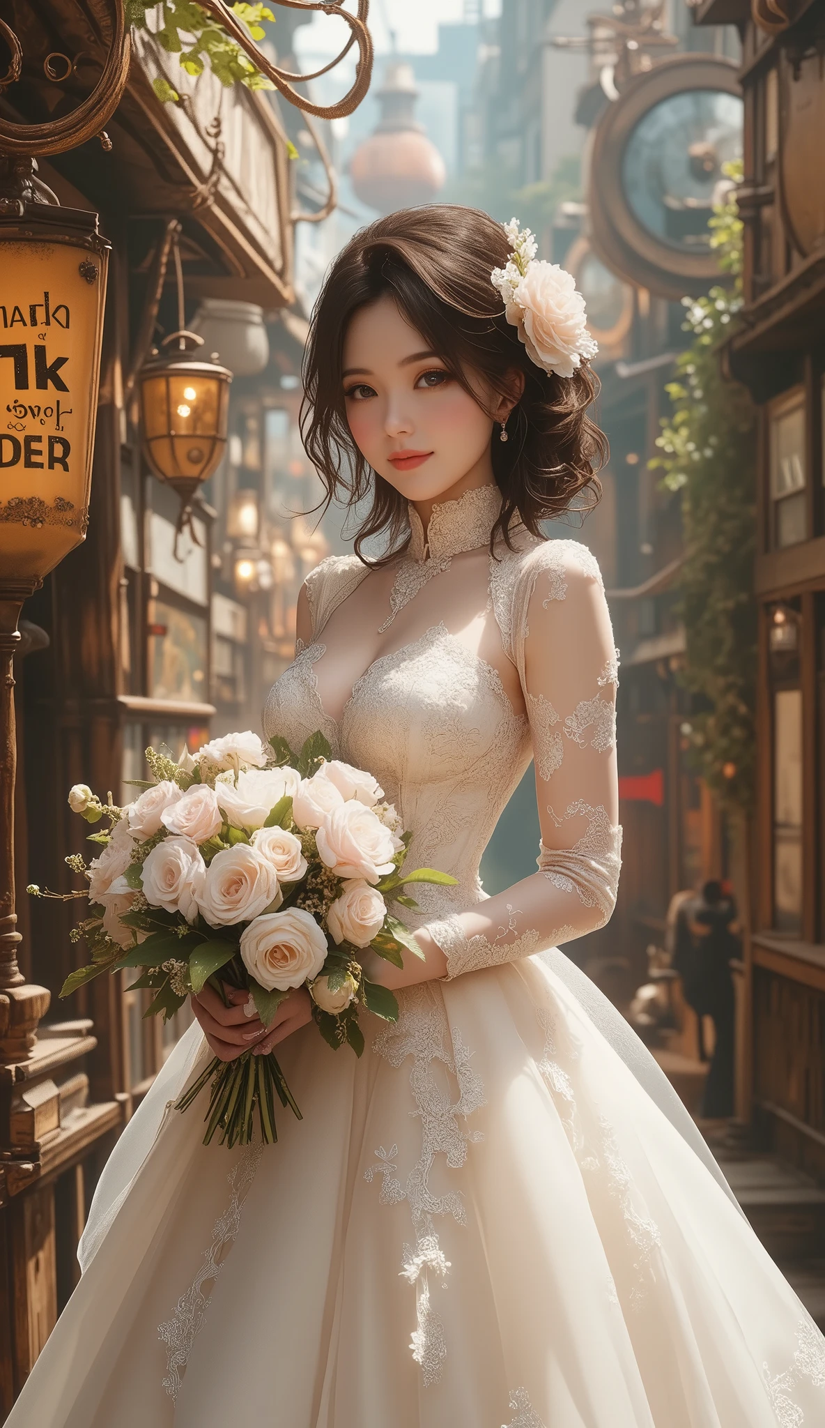 Top Quality, Super quality, 16k, incredibly absurd, very detailed, 2.5D, delicate and dynamic, Kiri Reina female, seductive smile, pure white wedding dress, amazing style, bouquet, Steampunk, dieselpunk , clock punk , Cyberpunk, Glitter effect,(hanging banner which says "Thank you 1K followers":2.0),