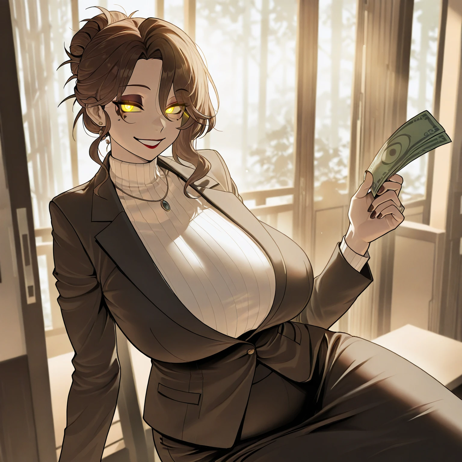 masterpiece, best quality, detailed face, detailed eyes, HULisa, brunette hair, ponytail, glasses, semi-rimless glasses, ribbed sweater, office, desk, computer, sitting, office lady, office chair, mini skirt, pantyhose, ((sweaty blush, big breasts, biting on the condom, holding the condom, condom on the chest, money on the floor))