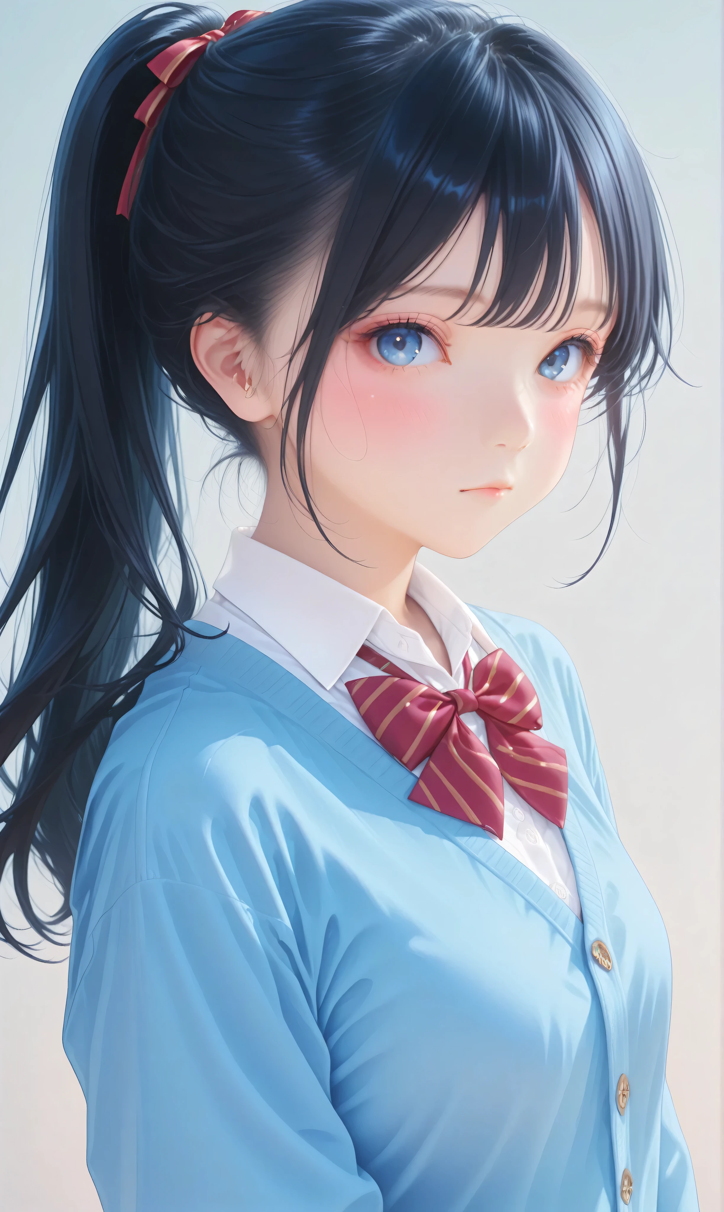 (watercolor:0.4)、( pastel :0.6)、 1girl , Alone, blue eyes, black hair, ponytail, bow, looking at viewer, Cardigan, school uniform, blush, shirt, white shirt, long hair, bowtie, red bow, bangs, closed mouth, collared shirt, upper body, long sleeves, blue Cardigan, striped bow, striped