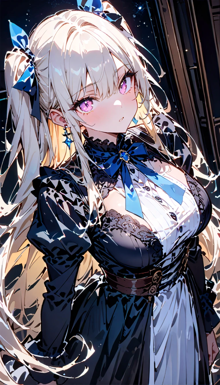 top-quality、Top image quality、​masterpiece、girl with((18year old、dark outfit、prisoner、 Best Bust、Bust 85、a blond、Semi-long、Blue eyes、open chest wide、Valley、Happiness、A slender、Provocative behavior、Evil face、Handcuffed、High laughter、Skull Tattoo、Tattoo of roses、Targeting your audience、Blue rose hair fastening)）hiquality、Beautiful Art、Background with((prison、Dark impression))、masutepiece、Elaborate design、visualart、dark art