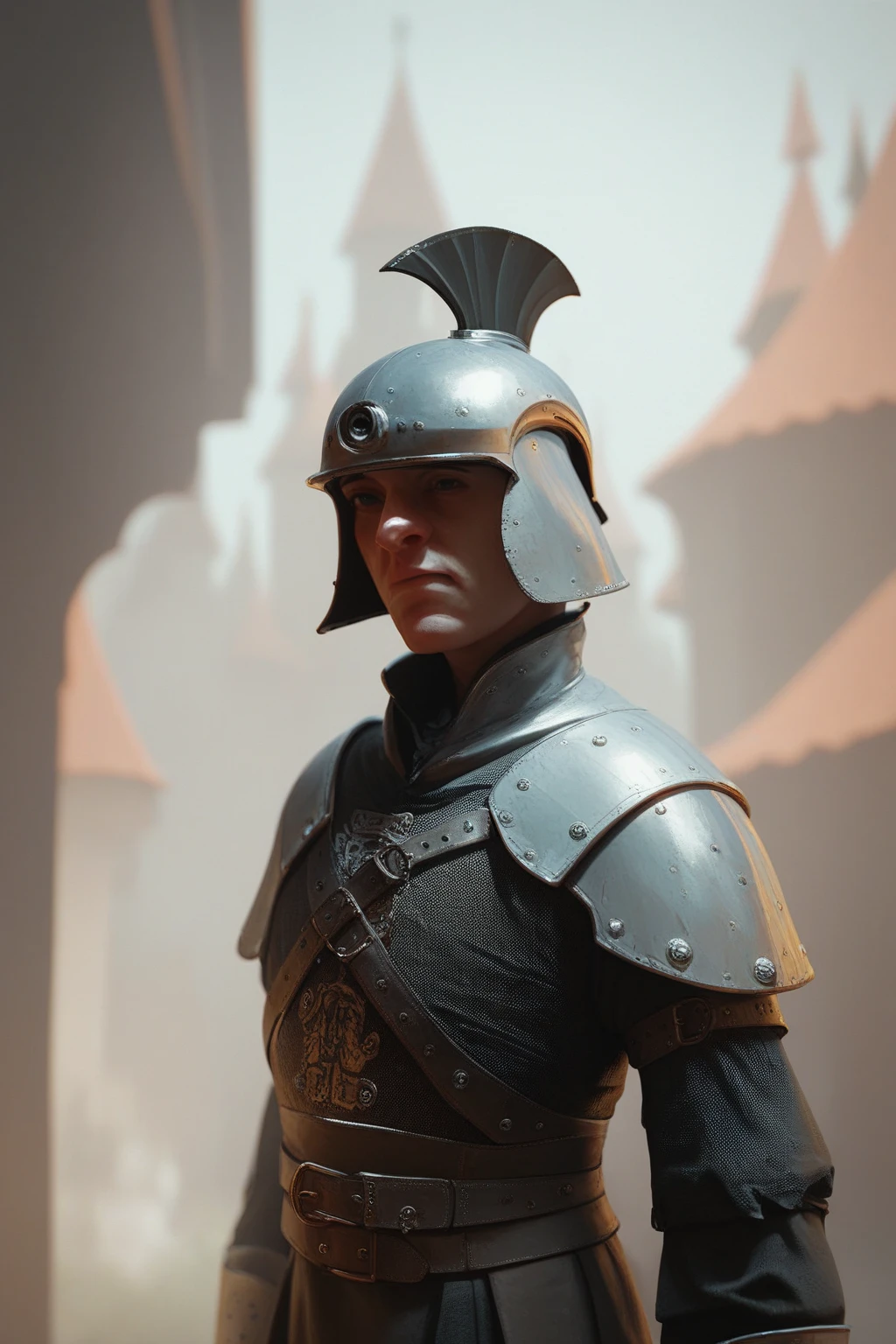 ((male)), ((medieval guard)), black hair, iron helmet.,  human, in medieval poor torn clothes, thug , (blurred background). with a medieval town in the background.  City Wall . Medieval stone gates. .