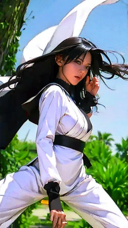 Black anime girl with long white hair wearing a white outfit., yellow eyes, with a sword, impatient genshin style