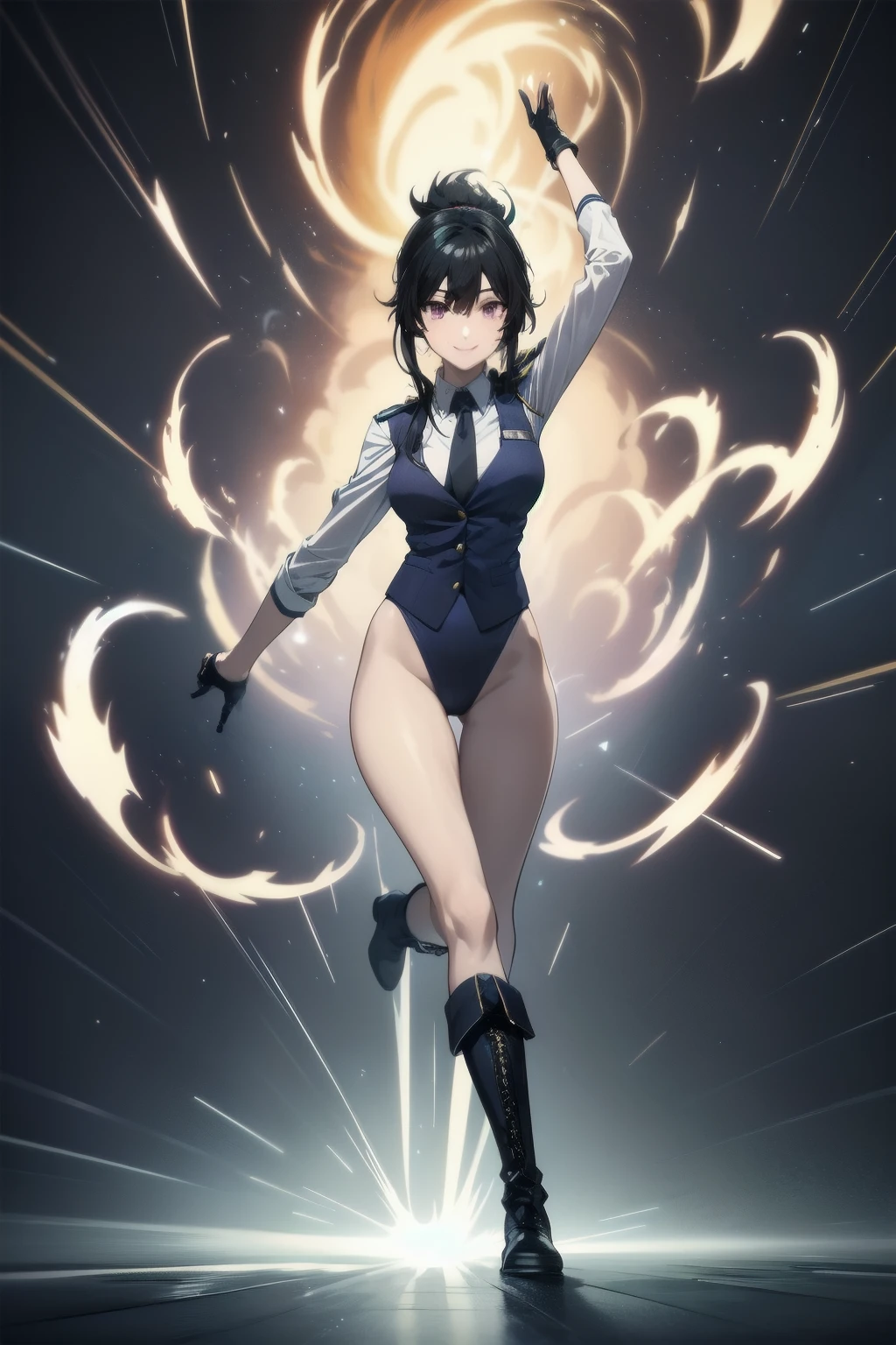 masterpiece, best quality, hyper detailed, ultra detailed, 1girl, solo, short hair, jet black hair, purple eyes, (full body), standing, bangs, japanese police uniform, tokyo city backdrop, (white shirt), (black tie), matching shoes, medium breasts, 20 age, badge, twirl pose, spinning, spins fast in place like a tornado, twirling in place, tornado spinning, rapid gyration, motion blur, speed lines, tornado, spinning energy pulse, front view, light particles, blue and white leotard, bare legs