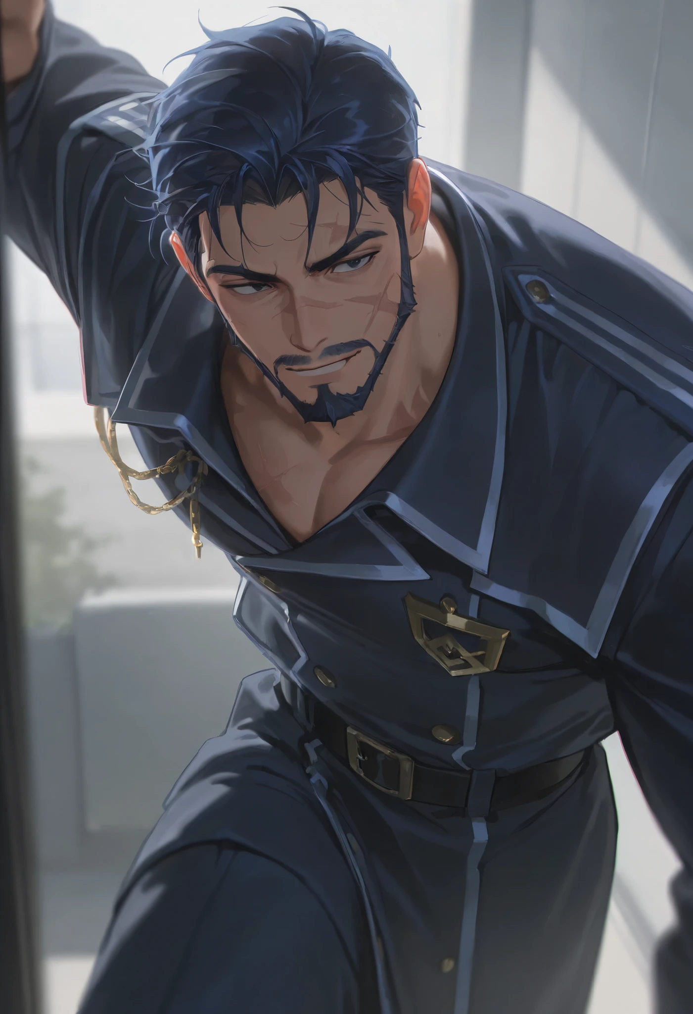Score_9, Score_8_up, Score_7_up, Score_6_up, \(quality\), L0LSPL4SH, year2024, year2023, 1male, mature male, facial hair taller frame, dark blue hair, scars on the face, cruel gaze, wearing a prissioner uniform, L0LSPL4SH,