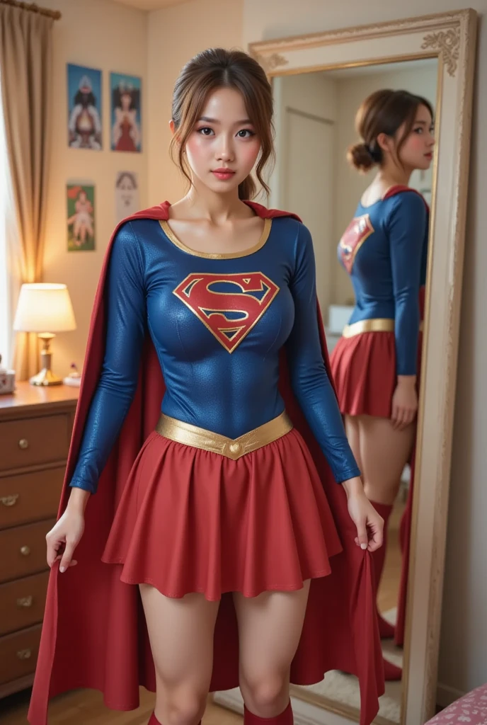 No background、Are sleeping、lying back on、(((Wear black tights on your beautiful legs.)))、(((Grow legs、tall、Legally express the beauty of your smile)))、((((Make the most of the original image)))、(((Supergirl Costume)))、(((beautiful hairl)))、(((Suffering)))、(((Feet must necessarily be worn with black tights)))、(((You need to wear red boots)))、((Top image quality、8K))、((top-quality、8K、​masterpiece:1.3))、(((Keep Background )))、Crisp focus:1.2、Beautiful woman with perfect body shape:1.4、Slender Abs:1.2、a wet body:1.5、Highly detailed facial and skin texture、8K