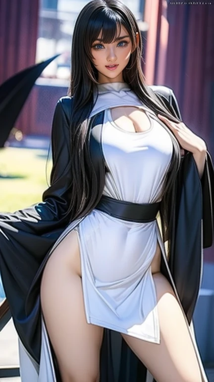 One wears a split cheongsam and black silk heels,Big-breasted beauty,No bra included,Slightly chubby,Standing in the sea
