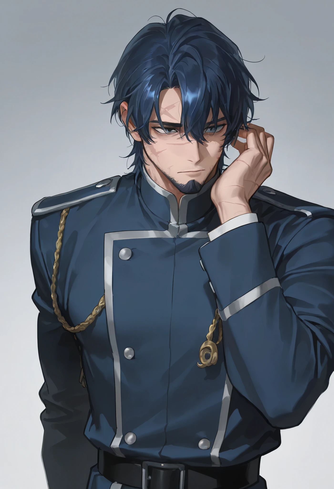 Score_9, Score_8_up, Score_7_up, Score_6_up, \(quality\), L0LSPL4SH, year2024, year2023, 1male, mature male, facial hair taller frame, dark blue hair, scars on the face, cruel gaze, wearing a prissioner uniform, L0LSPL4SH,