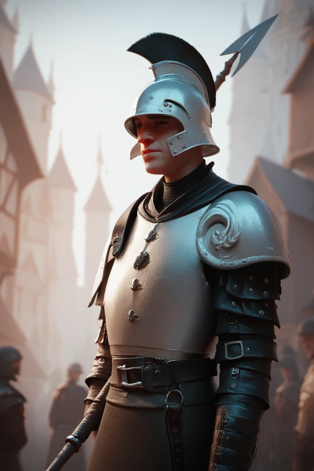 ((male)), ((medieval guard with a spear)), black hair, leather armor , leather helmet.,  human, in medieval poor torn clothes, thug , (blurred background). with a medieval town in the background.  City Wall . Medieval stone gates. .