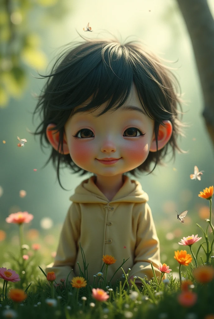 An incredibly charming little boy carrying a backpack, accompanied by her adorable puppy, enjoying a lovely spring outing surrounded by beautiful yellow flowers and natural scenery. The illustration is in high definition at 4k resolution, with highly-detailed facial features and cartoon-style visuals, (Butterfly Dance) with a girl chubby behind with a cat