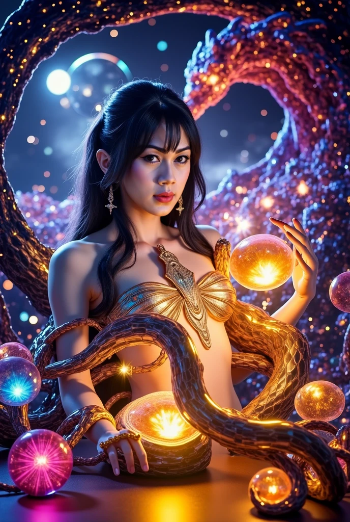 1Girl 32 years old, Long hair, full body pose , looking up at viewer, mauve hair, bare shoulders, green eyes, (jewelry:1.1), full entire body, off shoulder top, mini skirt, red lips, realistic, button nose, flirting with the camera. (cosmic horror unfolding in the background:1.2) Cthulhu's tentacles reaching out for her, She is desperately trying to evade him. (Color palette Amber and steel blue:1.3), rindou