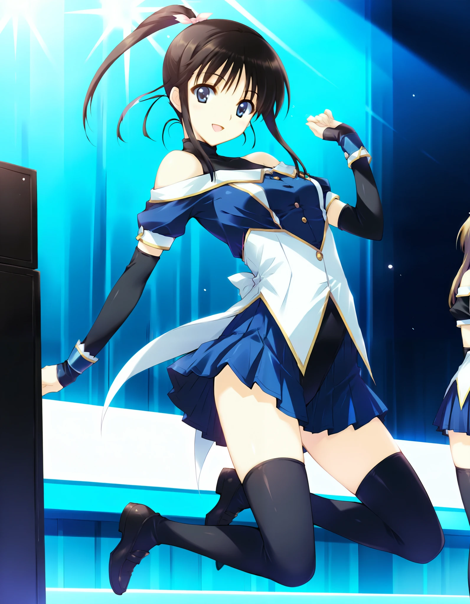 masterpiece,best quality,good quality,smile, looking at viewer, solo, anime coloring, ((sugiura_koharu)),sugiura_koharu\(white_album_2\),1girl,solo,black hair,ponytail,hair ribbon,blue eyes,open mouth,1girl,((stage costume,blue and white jacket,off-shoulder)),(black high neck leotard),((short_sleeves,bare shoulders,detached sleeves,black sleeves,blue cuffs,sleeves past wrists, blue skirt,pleated_skirt, black_thighhighs)),solo focus, full body, long shot, jumping,Dynamic pose,High solution,. her hair is floating in the air, Reflecting agile movements, Contrasting colors enhance the lively atmosphere of the scene, The speed effect of moving lines adds an anime touch to the action)), (((Motion Effect))), (Like a subtle blur),high jump,(((white back ground))), fighting stance