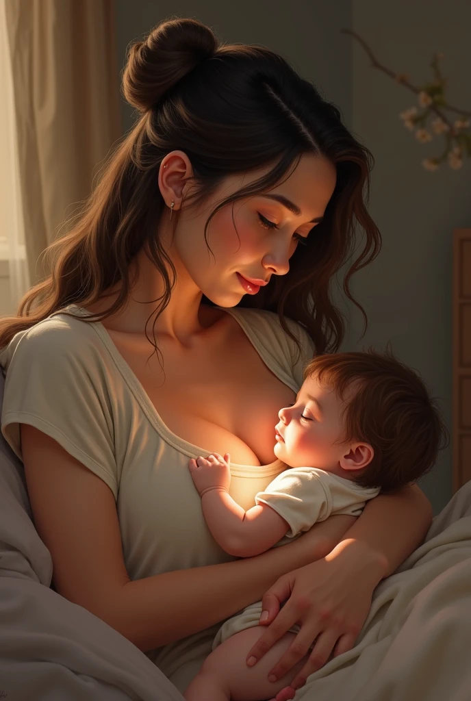 A mother who is holding her breast in a C shape and is breastfeeding her