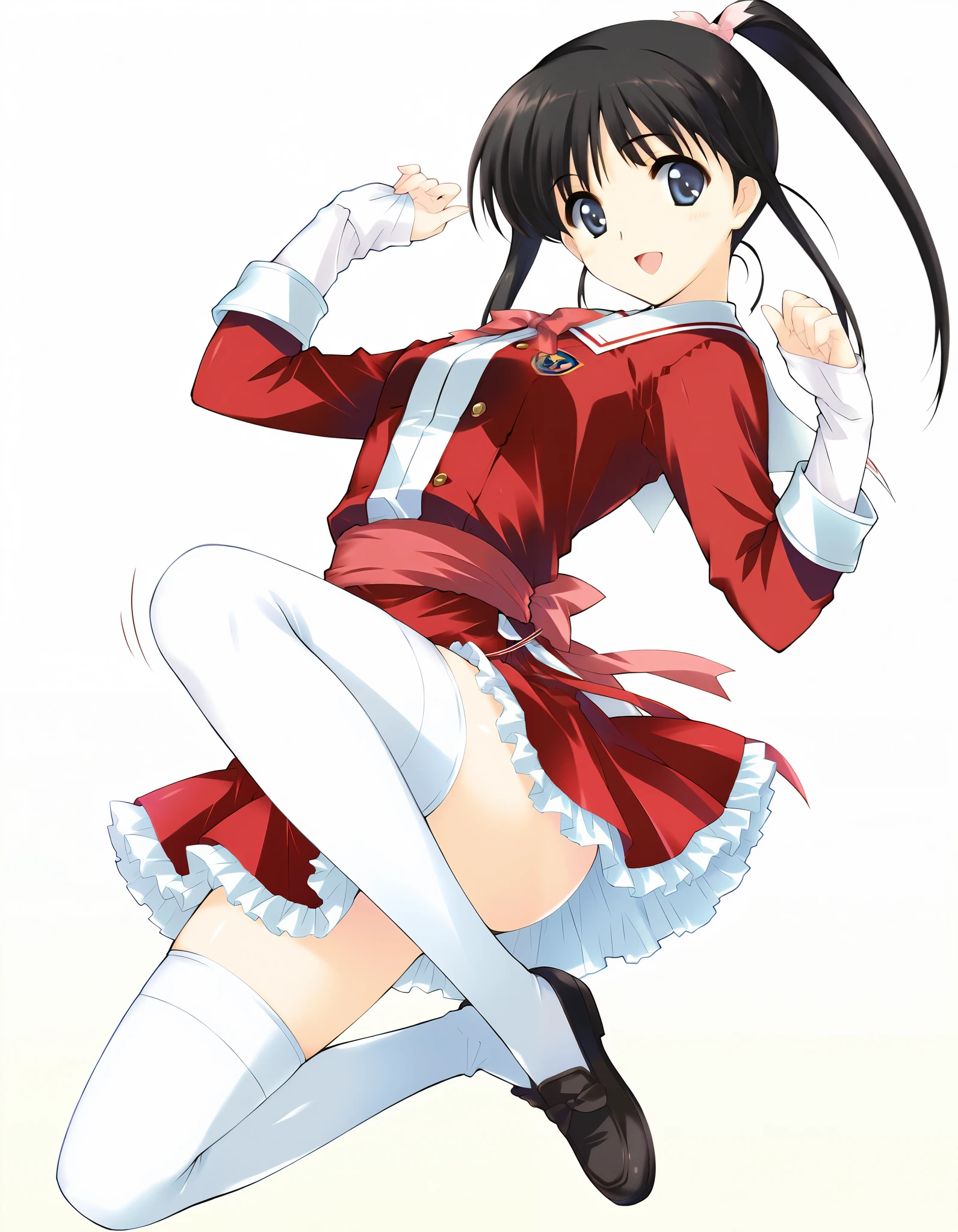 masterpiece,best quality,good quality,smile, looking at viewer, solo, anime coloring, ((sugiura_koharu)),sugiura_koharu\(white_album_2\),1girl,solo,black hair,ponytail,hair ribbon,blue eyes,open mouth,1girl,(((red and white jacket))),(sailor suit jacket),(multicolored jacket)((red bow tie)),((layered sleeves)),((sleeves past wrists)),((red sash)),((waist ribbon)),((red skirt)),((frilled_skirt)), ((white_thighhighs)),solo focus, full body, long shot, jumping,Dynamic pose,High solution,. her hair is floating in the air, Reflecting agile movements, Contrasting colors enhance the lively atmosphere of the scene, The speed effect of moving lines adds an anime touch to the action)), (((Motion Effect))), (Like a subtle blur),high jump,(((white back ground))), fighting stance
