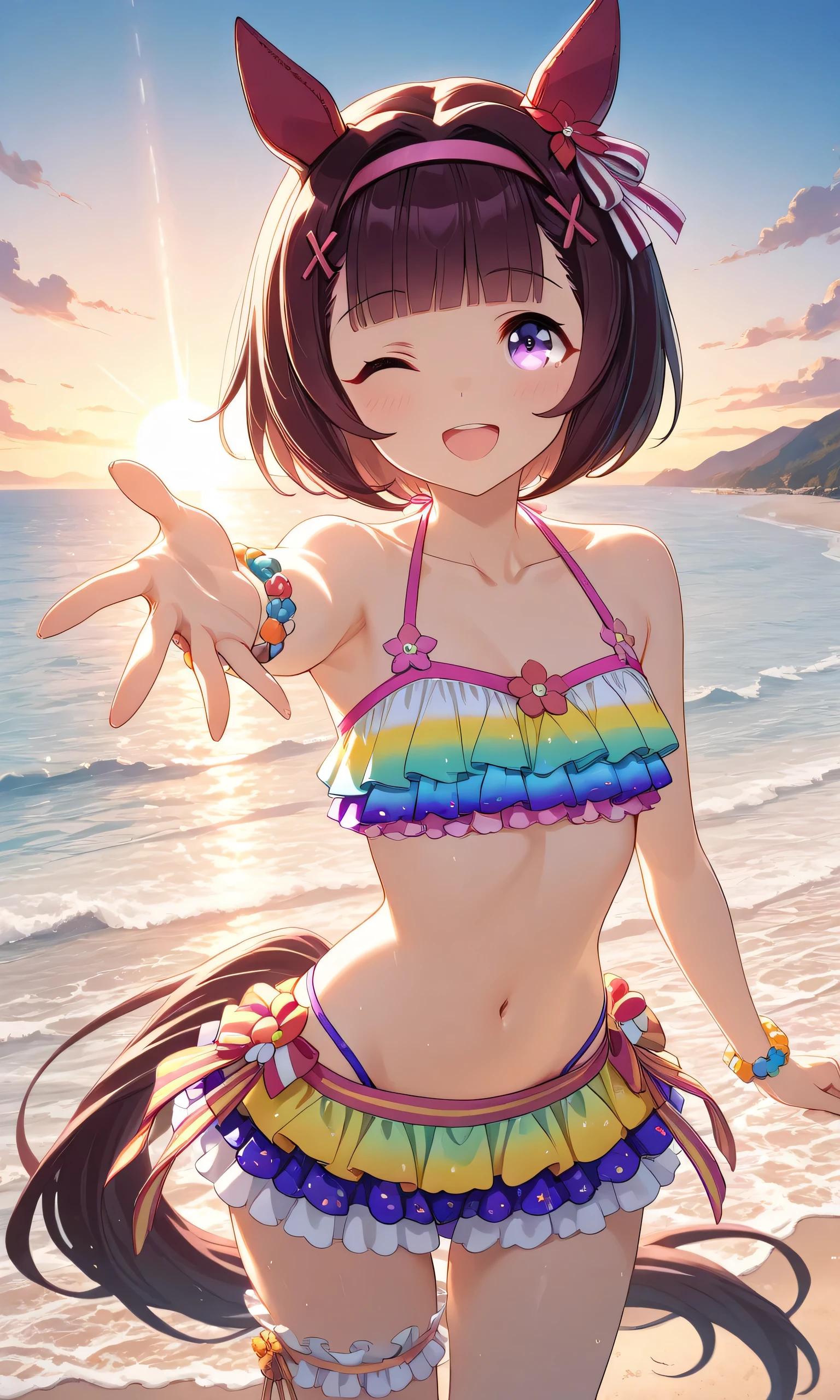 Beautiful young woman dancing to Caribbean songs in a luau with a tropical atmosphere at night, stars, beach in the background, party atmosphere, vibrant colors, panoramic view, intricate details, high definition, high resolution, soft lighting