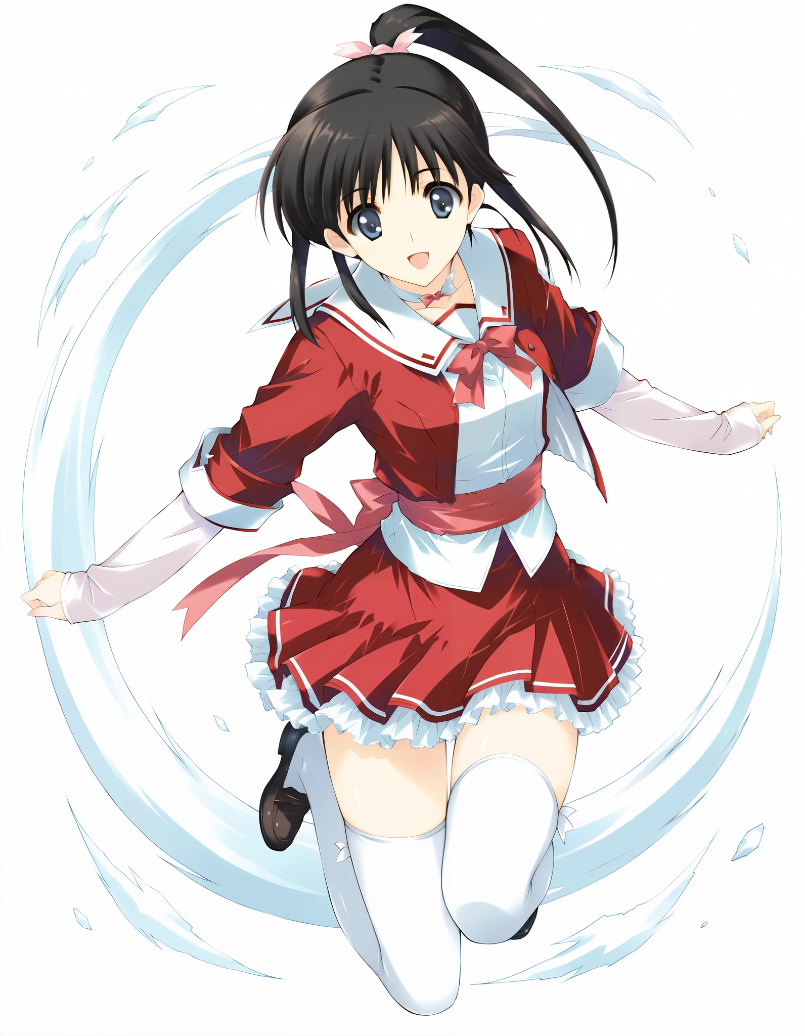 masterpiece,best quality,good quality,smile, looking at viewer, solo, anime coloring, ((sugiura_koharu)),sugiura_koharu\(white_album_2\),1girl,solo,black hair,ponytail,hair ribbon,blue eyes,open mouth,1girl,(((red and white jacket))),(sailor suit jacket),(multicolored jacket)((red bow tie)),((layered sleeves)),((sleeves past wrists)),((red sash)),((waist ribbon)),((red skirt)),((frilled_skirt)), ((white_thighhighs)),solo focus, full body, long shot, jumping,Dynamic pose,High solution,. her hair is floating in the air, Reflecting agile movements, Contrasting colors enhance the lively atmosphere of the scene, The speed effect of moving lines adds an anime touch to the action)), (((Motion Effect))), (Like a subtle blur),high jump,(((white back ground))), fighting stance