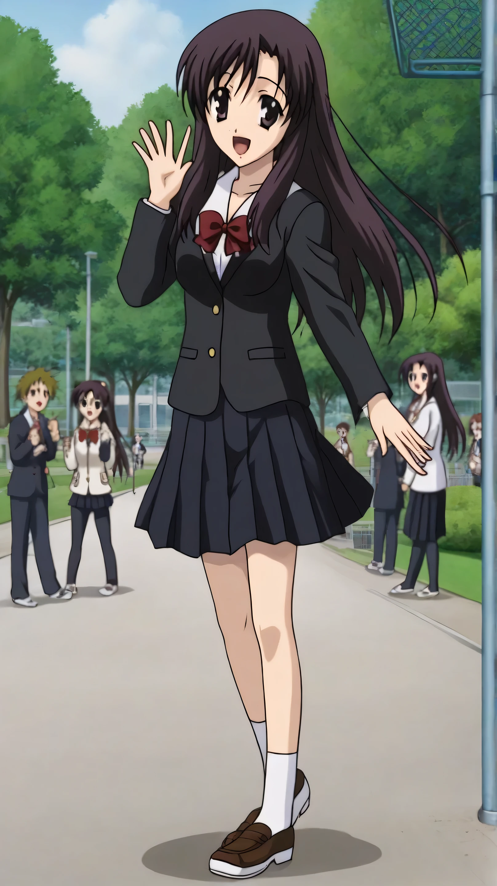 a girl, Anatomically Correct, posing, full body,  uniform, in love, in public, Kotonoha Katsura, school day, anime style, vista lateral, Park, hair suelto, happy, hair 