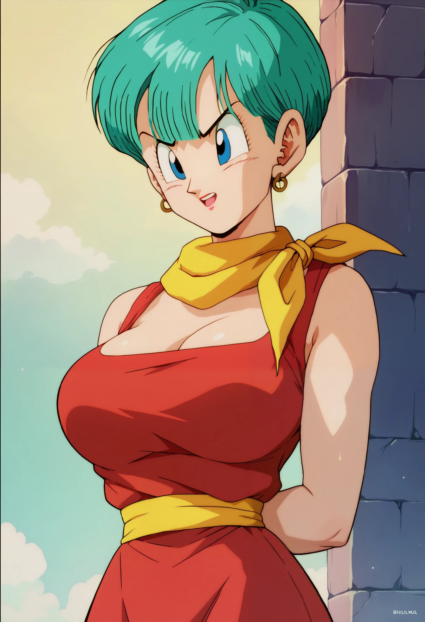 score_9,score_8_up,score_7_up,Bulma, aqua colored hair, blue eyes,(aged up:1.4),big breasts,yellow scarf wrapped around her neck, red dress, yellow boots, trailers,hands behind the back,