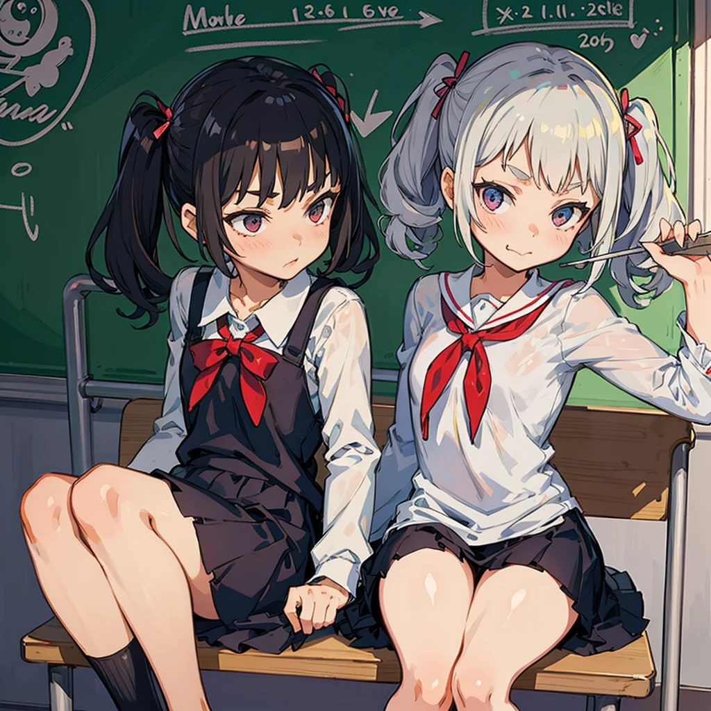 ( 4 diferent girls having sex),4 Girls with pink hair, long twintail hairstyle, ((small bushy eyebrows)), wearing gothic lolita clothing, lolicon , walking to school, flirty smile,, walking to school, bored look, bored face,, (sitting with legs open lifting her skirt to show her vagina wet with semen),1 boy having sex with the girls, scaried young boy, another girls looking happy