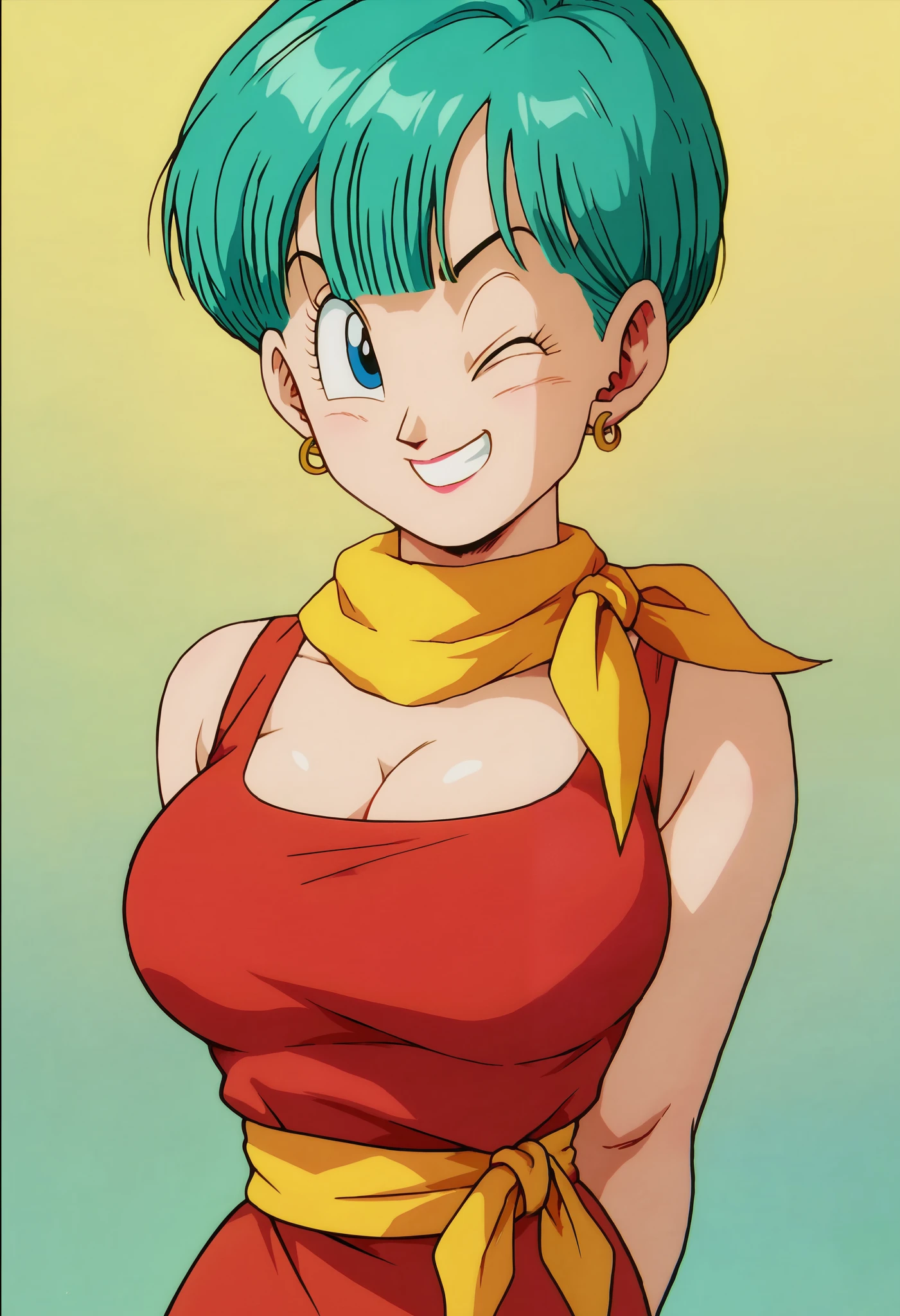 score_9,score_8_up,score_7_up,Bulma, aqua colored hair, blue eyes,(aged up:1.4),big breasts,yellow scarf wrapped around her neck, red dress, yellow boots, trailers,hands behind the back,smiling, winking,