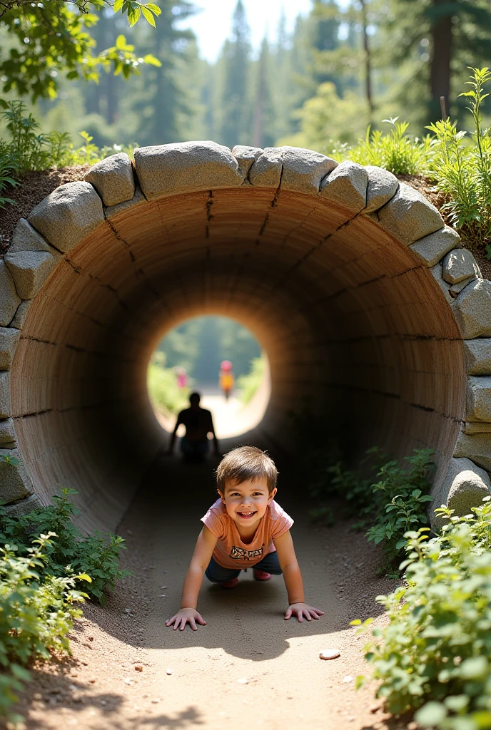 Boy trying to push a huge rock