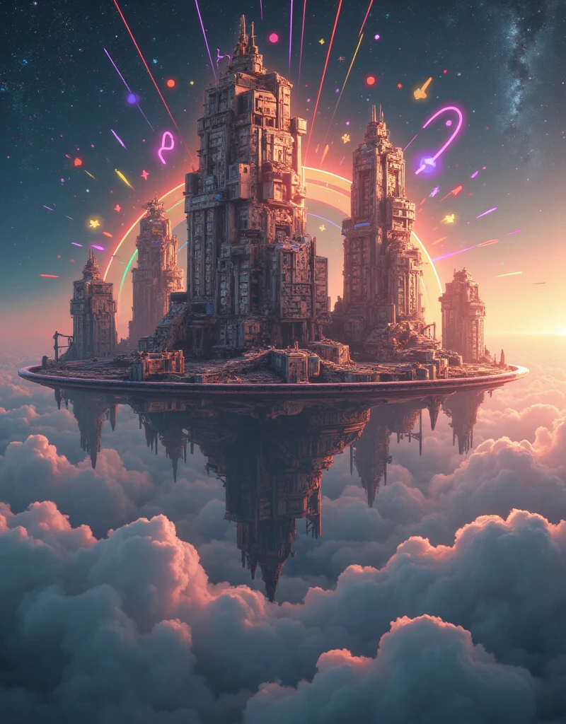  masterpiece, (TOP QUALITY, Shaped Buildings, 4K, 8k), (realistic, photorealistic: 1.5)float in the air,character「C i t y」Created in High Resolution, Huge Floating Structures Inside the Big City Skyline,(((Floating City Explosion,flash,Scattering ,inflammation,fire,cigarette,cloudに反射する光))),Flying Fortress City,cloudの間に,Decayed City ,Floating Devices ,Steam Cyberpunk,Supermassive Ancient Cities,((Seven Radial Colors of Light)),rotate,grow,night,starry sky,Milky Way, Cloudy Sky with Reflections, Atmosphere with Light, Futuristic atmosphere, Modern Aspect of the City,  Shiny Surface, Architectural Details, HIGH DEFINITION TEXTURE,cloud