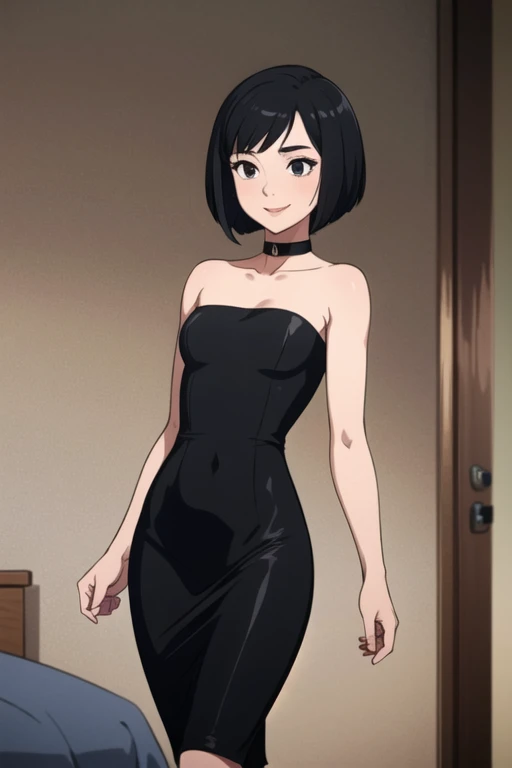 1 girl, black hair, Bangs on her eyebrows, Bob Haircut, wearing black dress, goth dress, lolita dress, standing on a garden, haircut spread, facing forward, perfect anatomy, depth of field, spiritual silence, transcendental tranquility, absurdities, HDR, ultra detailed illustration, highly detailed face,