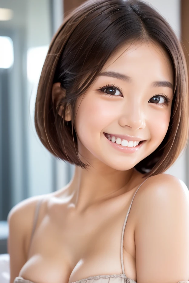 Japanese ),((beautiful girl)),cleavage,An expression that imagines something pleasant:1.2,(perfect body beauty:1.2),((perfect body)),(shy smile),beautiful teeth,