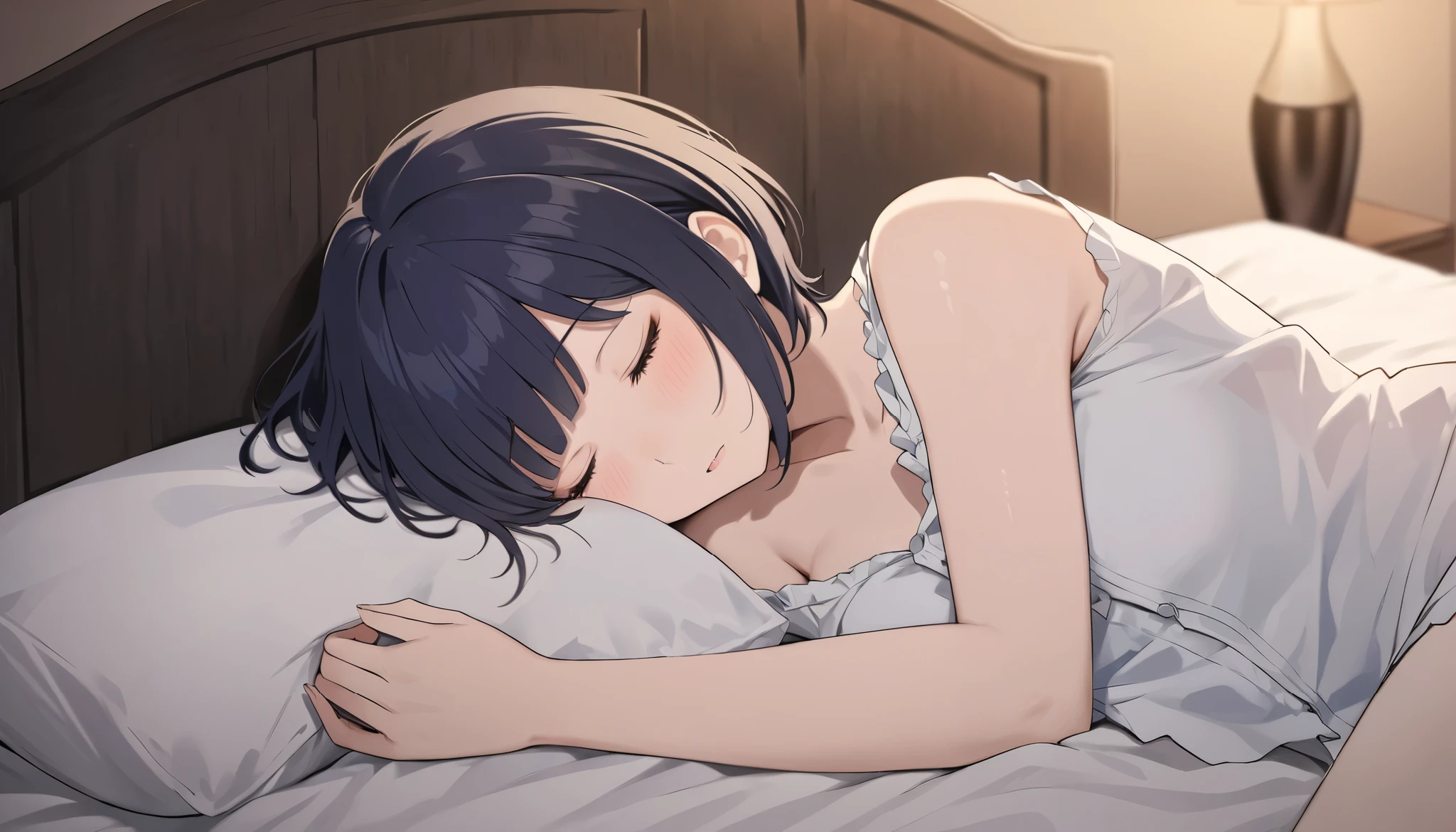 A woman who comes home drunk and falls asleep、falling into bed with her clothes on。 Hair、short hair