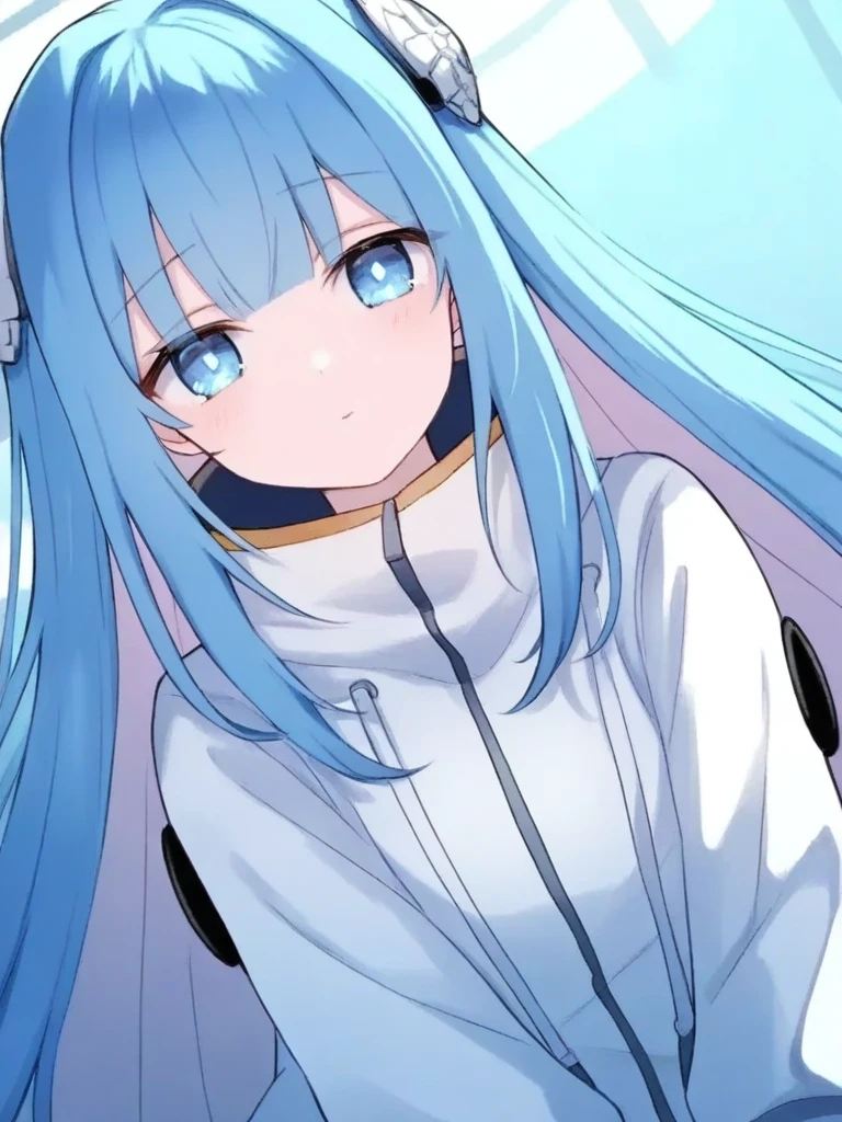 1girl,solo,somunia,long hair,hair ornament,blue eyes,blue hair,white jacket