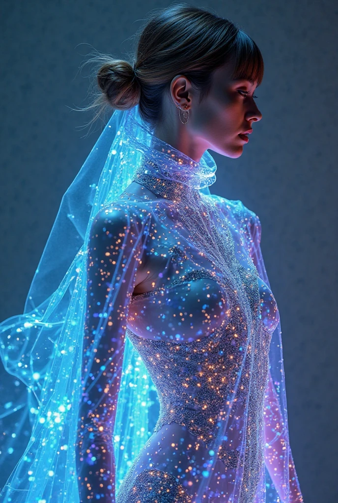 A photo of a woman with a glowing outfit in a dark underwater-inspired environment. The woman's outfit is made of iridescent fabric that shimmers and changes color as she moves. The fabric is infused with fiber optics and LED technology, creating a pulsating glow that replicates the effect of bioluminescent organisms. The background is dark with soft blue and green lighting. The tagline is "Illuminate the Dark: Fashion That Glows with Life."