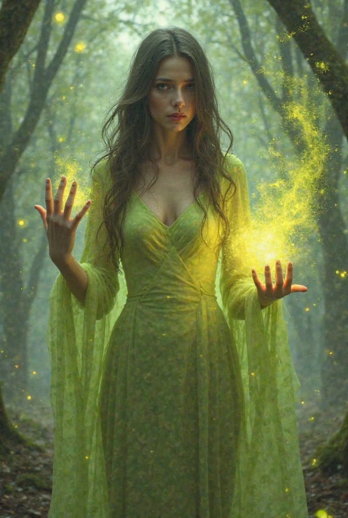 Kae, the European Elf Queen from Dungeons and Dragons, best quality, ultra-detailed CG unity 8k wallpaper, walking, high resolution, dynamic pose, beautiful face, (Hazel eyes:1.2, dark brown hair:1.3, side parted bangs, shoulder length hair:1.4, curly hair, flowing jade and black dress, tiny boobs), depth of field, dark medieval forest, dark light, night time), (high fantasy), casting green and yellow magic from her hands