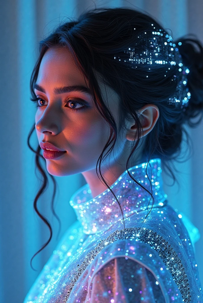 Shoot the influencer in a realistic, high-definition image under a canopy of twinkling stars. Utilize long exposure techniques to capture the celestial motion while keeping the model perfectly sharp. The ethereal glow of the night sky contrasts beautifully with her glamorous attire, creating a mesmerizing visual spectacle. This hyper-realistic image captures the essence of celestial glamour in breathtaking detail.
